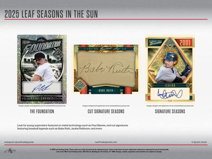 Baseball card collection with memorabilia cards in 2025 Leaf Seasons in the Sun Hobby Box