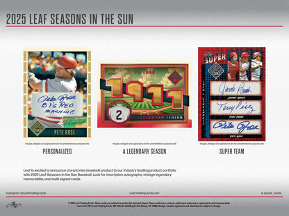 2025 Leaf Seasons in the Sun Baseball Hobby Box with memorabilia cards and two memorabilia