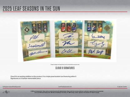 Triple-panel booklet card featuring memorabilia cards from 2025 Leaf Seasons in the Sun Baseball Hobby Box