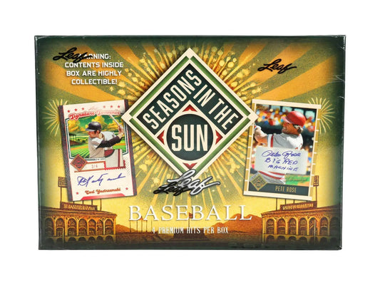 Seasons in the Sun baseball card box featuring memorabilia cards from 2025 Leaf Hobby Collection