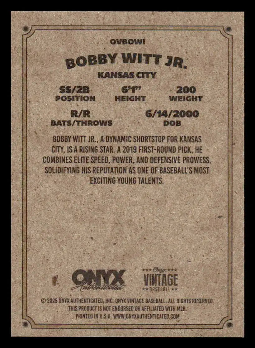 Baseball trading card of Bobby Witt Jr. from 2025 Onyx Vintage Kansas City Royals