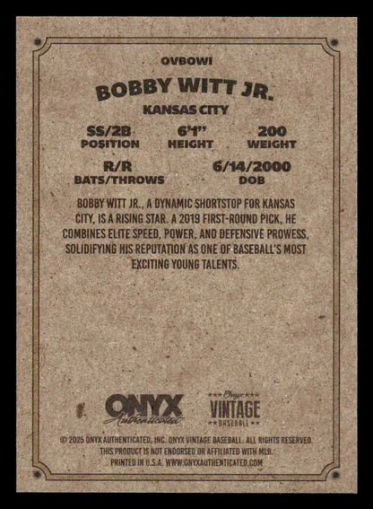 Baseball trading card of Bobby Witt Jr. from 2025 Onyx Vintage Kansas City Royals