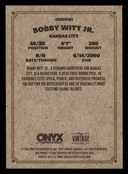 Back of 2025 Onyx Vintage Bobby Witt Jr Kansas City Royals trading card