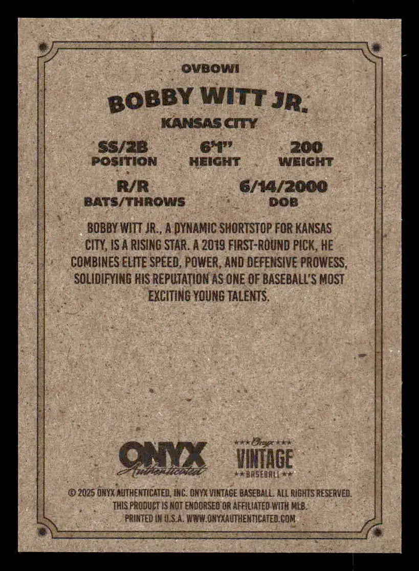 Baseball card featuring Bobby Witt Jr with Kansas City Royals stats from Onyx Vintage 2025