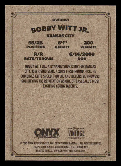Baseball card featuring Bobby Witt Jr with Kansas City Royals stats from Onyx Vintage 2025