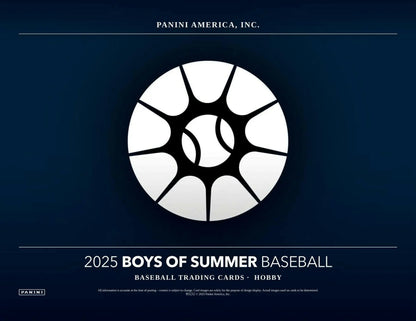 Promotional poster for 2025 Boys of Summer baseball trading cards in Panini Boys hobby box