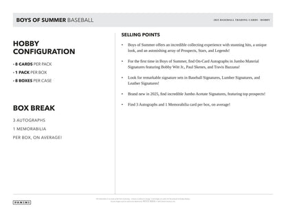 Baseball trading card product sheet for 2025 Panini Boys of Summer Baseball Hobby Box