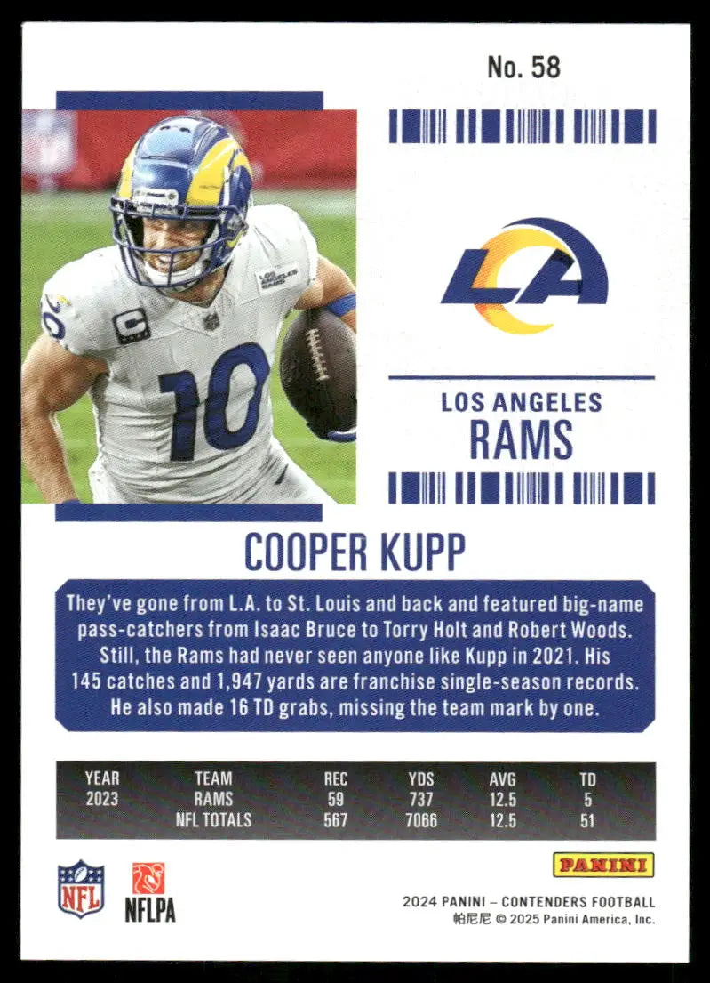 Back of a Cooper Kupp Los Angeles Rams football card from 2025 Panini Contenders Cooper series