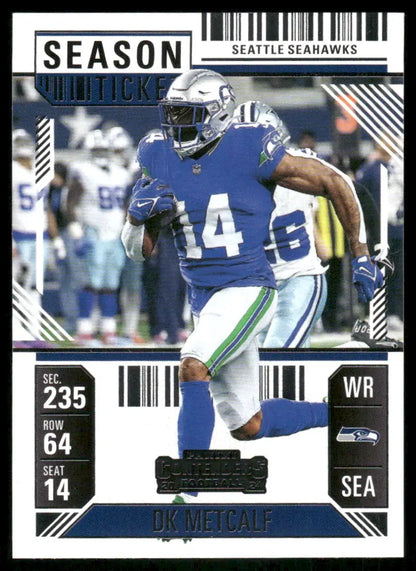 Football trading card featuring DK Metcalf in blue uniform from Panini Contenders 2025