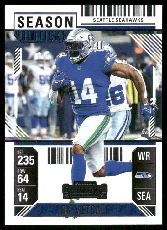 Football trading card featuring DK Metcalf in blue uniform from Panini Contenders 2025