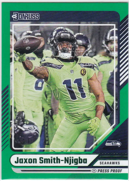 Football trading card of Jaxon Smith-Njigba Green Press Proof Seattle Seahawks product