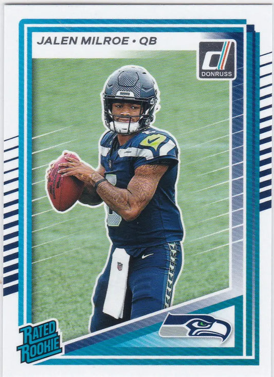 Football trading card of Jalen Milroe rated rookie for the Seattle Seahawks 2025 Panini Donruss