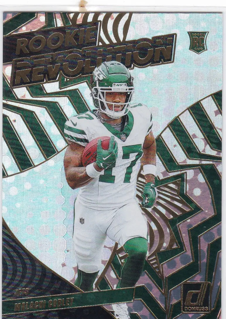 Football trading card of Malachi Corley Rookie Revolution from Panini Donruss featuring Jets player