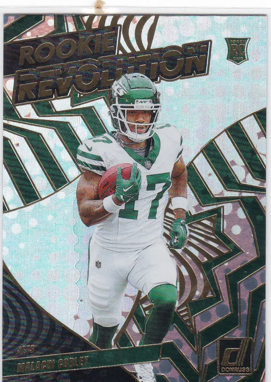 Football trading card of Malachi Corley Rookie Revolution from Panini Donruss featuring Jets player