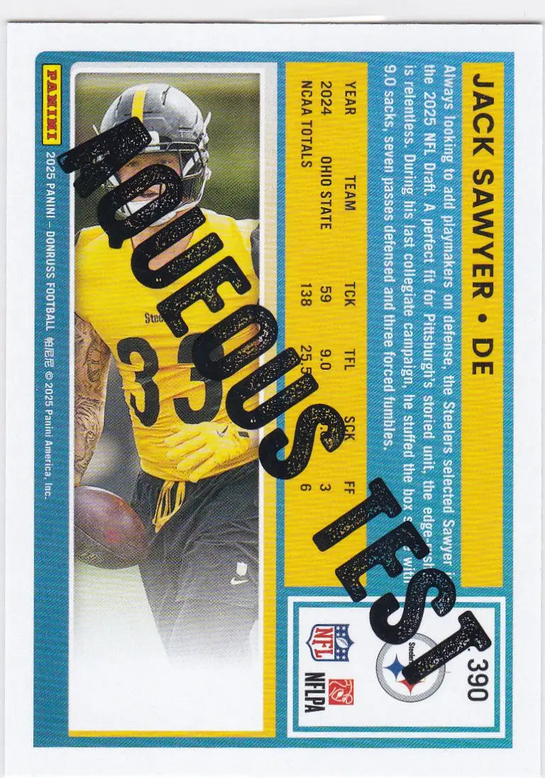 Collectible Jack Sawyer Rated Rookie football trading card from 2025 Panini Donruss