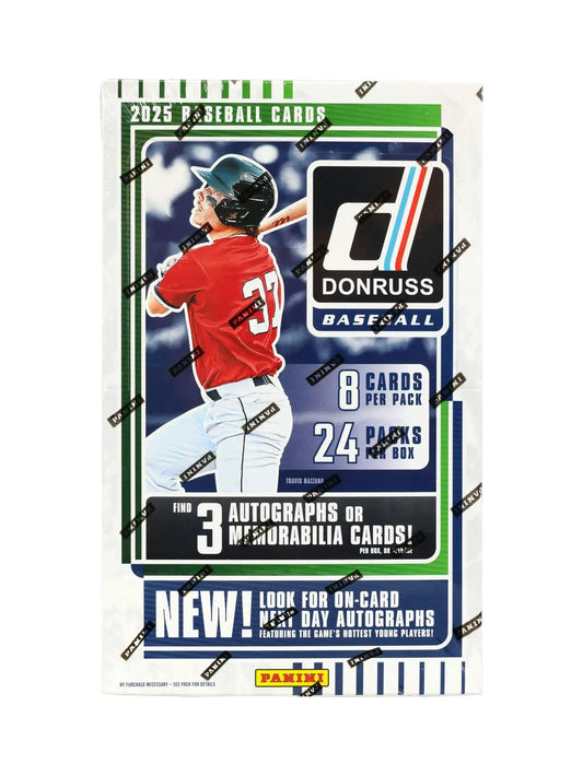 2025 Panini Donruss Baseball Hobby Box with 2025 Donruss baseball card pack featuring Paul Skenes and three autographs