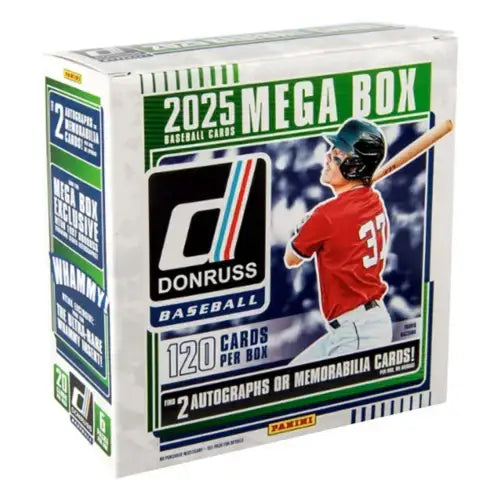 2025 Panini Donruss Baseball Mega Box with 120 cards including autographs and memorabilia