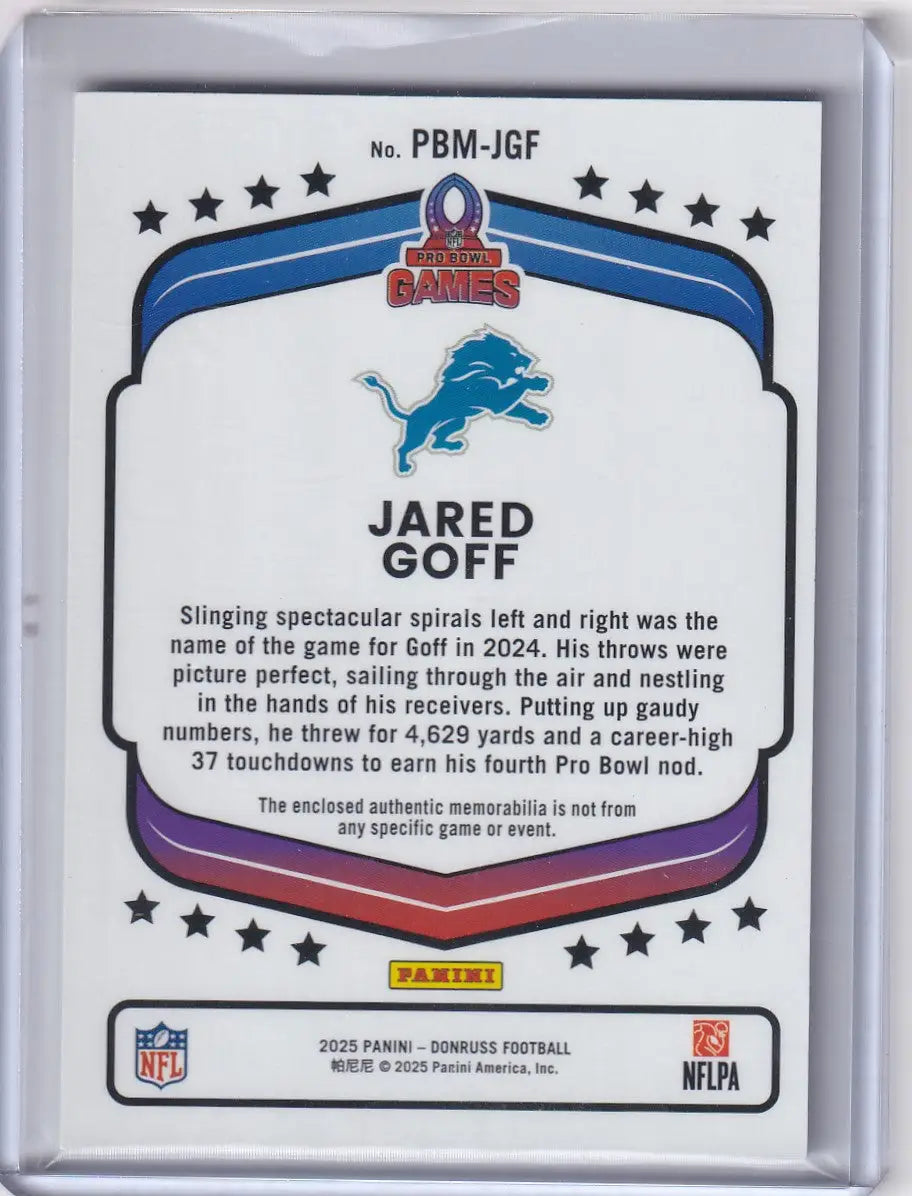2025 Panini Donruss Patch 71/99 #PBM-JGF Jared Goff - Detroit Lions - Trading Card