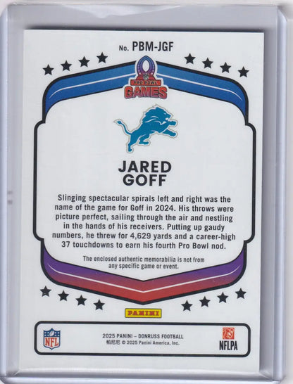 2025 Panini Donruss Patch 71/99 #PBM-JGF Jared Goff - Detroit Lions - Trading Card