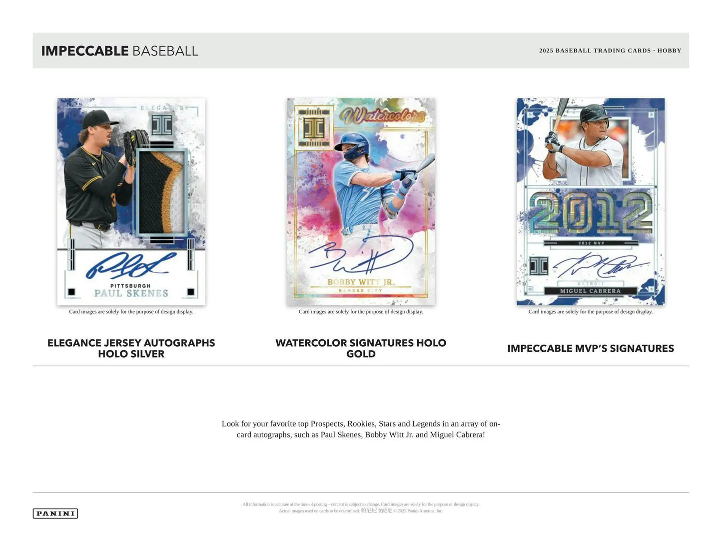 Baseball trading card advertisement with three collectible cards from Panini Impeccable Baseball Hobby Box