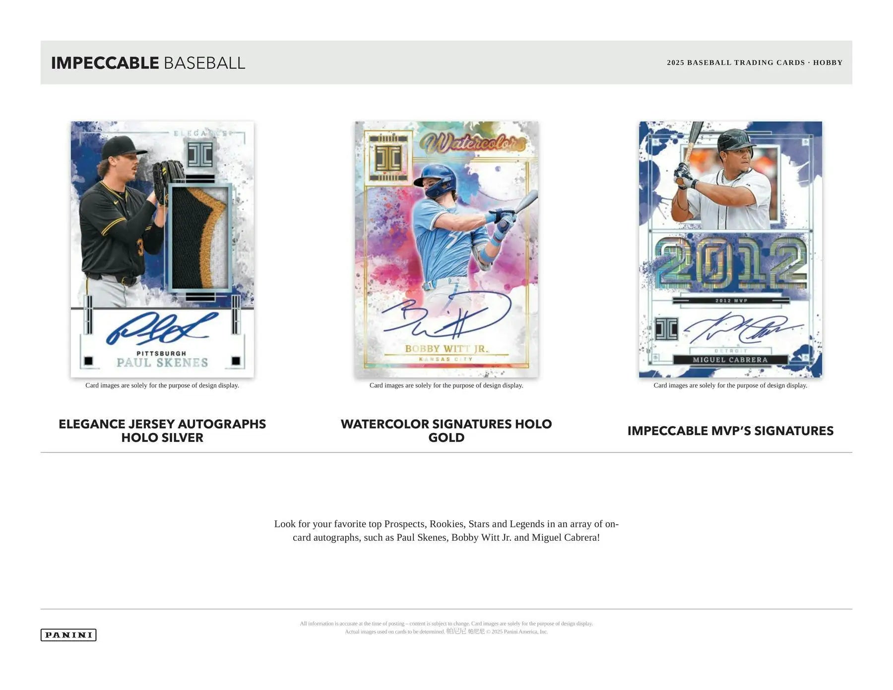 Baseball trading card advertisement with three collectible cards from Panini Impeccable Baseball Hobby Box