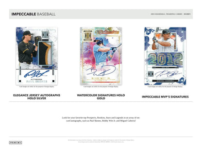 Baseball trading card advertisement with three collectible cards from Panini Impeccable Baseball Hobby Box