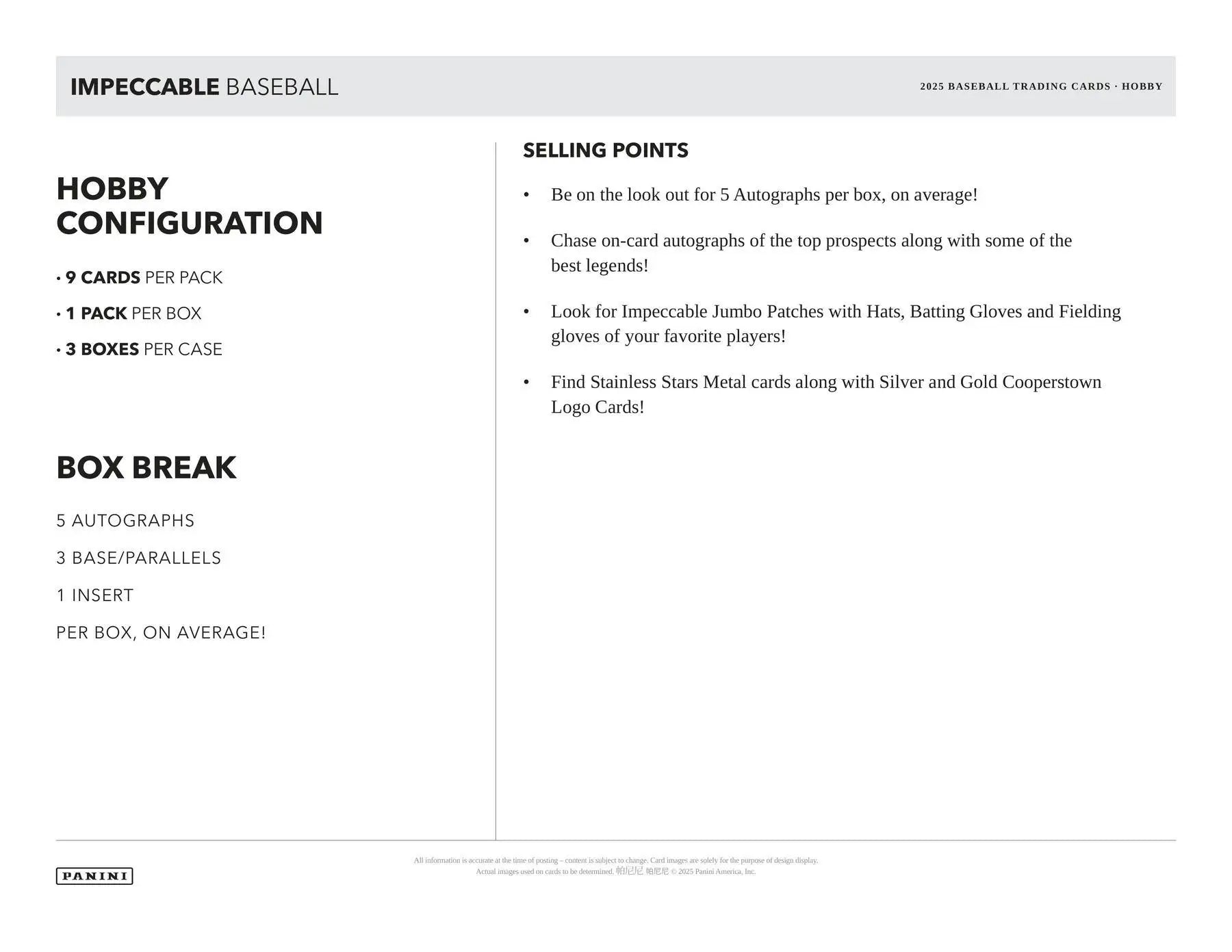 Product sheet for Panini Impeccable Baseball trading cards in Impeccable Baseball Hobby Box