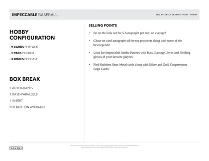 Product sheet for Panini Impeccable Baseball trading cards in Impeccable Baseball Hobby Box