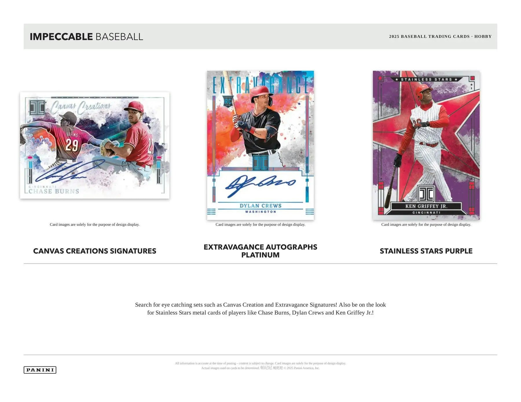 Baseball trading card advertisement for 2025 Panini Impeccable Baseball Hobby Box