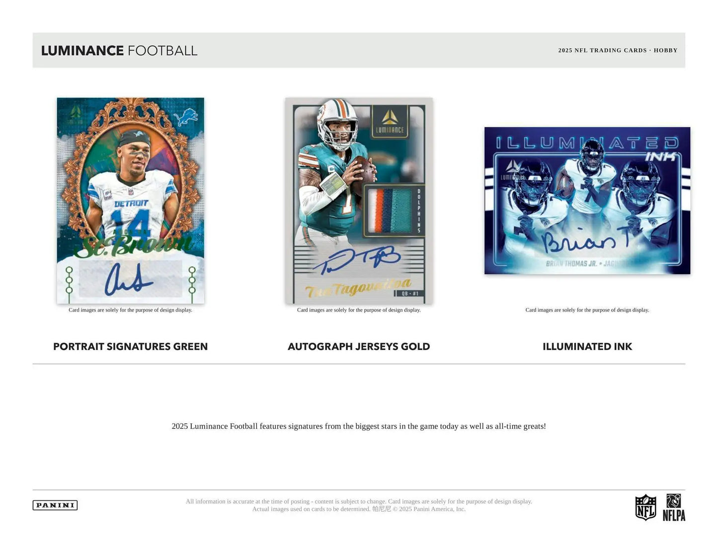 Luminance Football trading cards featuring player images, autographs, and jersey swatches