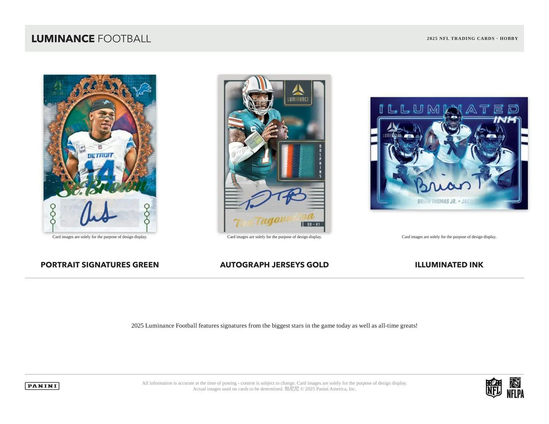 Luminance Football trading cards featuring player images, autographs, and jersey swatches