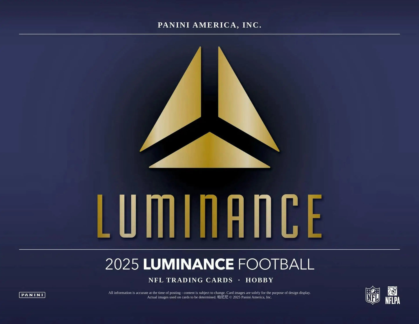 Promotional poster for 2025 Luminance Football trading cards in Panini Luminance Football hobby box