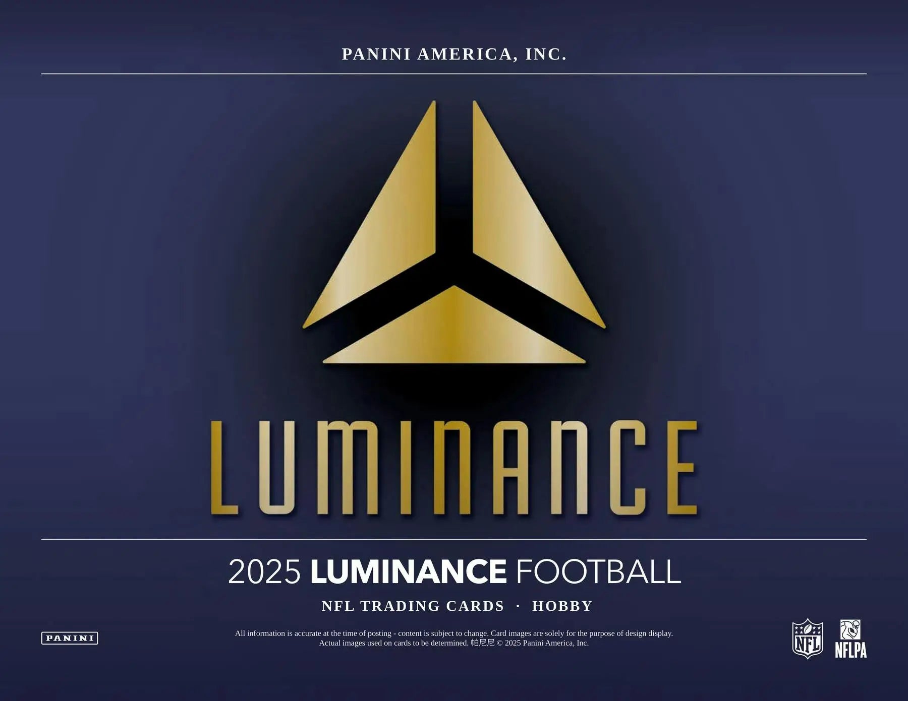 Promotional poster for 2025 Luminance Football trading cards in Panini Luminance Football hobby box