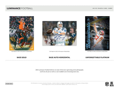 Promotional sheet for 2021 Luminance Football trading cards showcasing various designs in a Panini Luminance Football hobby box
