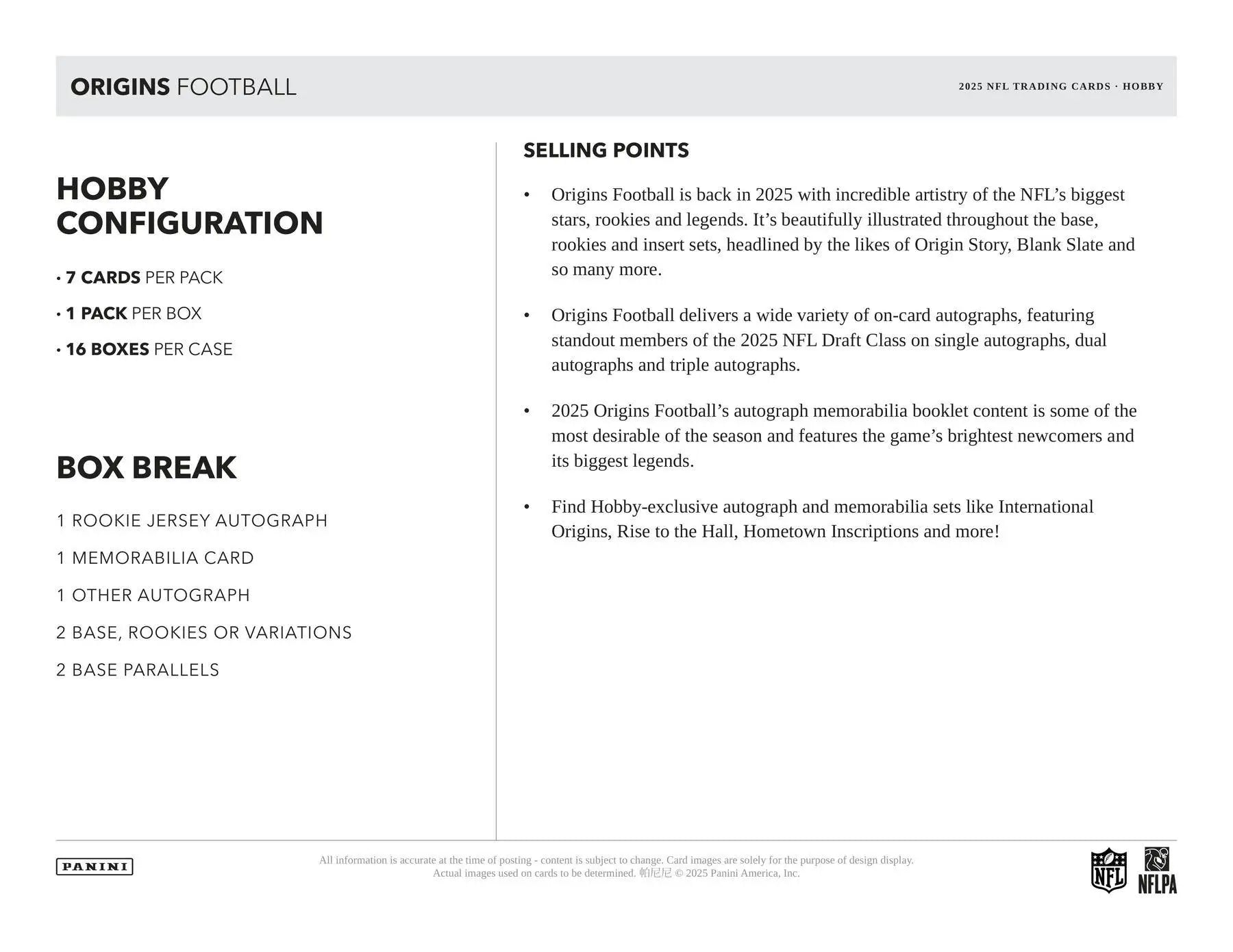 Product sheet for Origins Football trading cards in 2025 Panini Origins Football Hobby Box