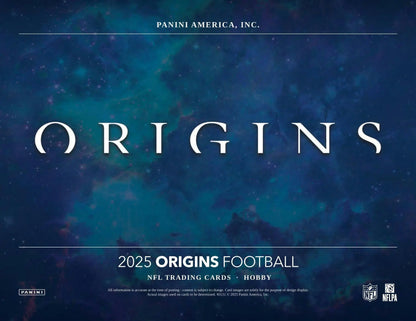 Promotional image for 2025 Panini Origins Football hobby box featuring football hobby cards