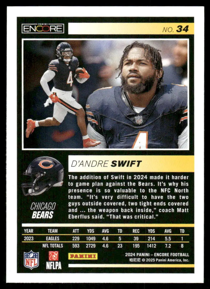 Football trading card of D’Andre Swift in Chicago Bears uniform from Panini Pinnacle Encore