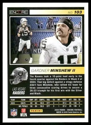 Football trading card featuring Gardner Minshew II from 2025 Panini Pinnacle Encore series