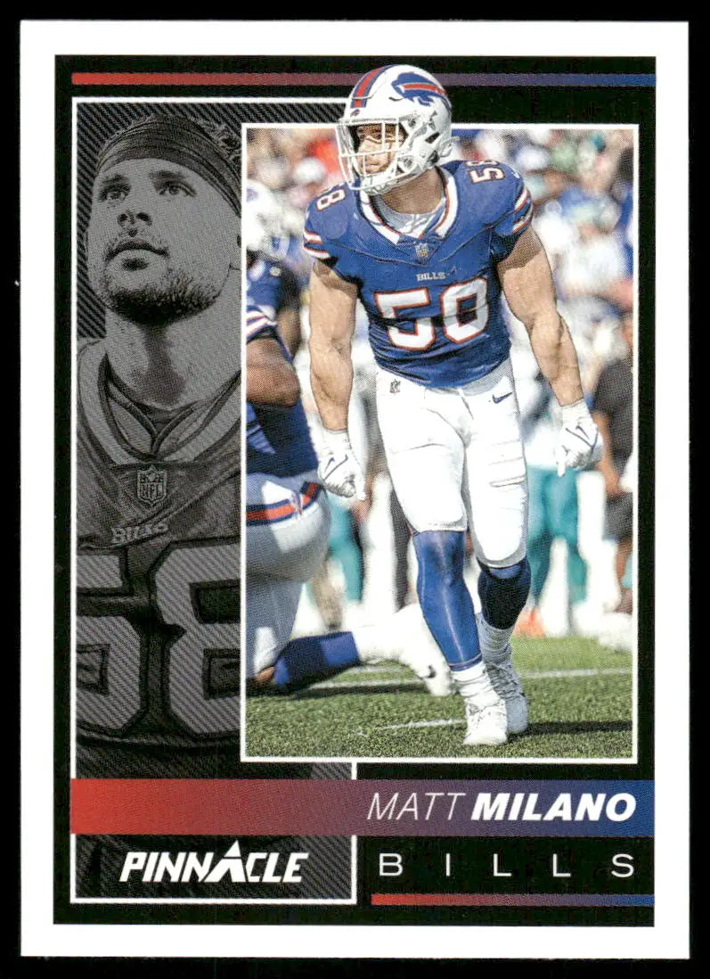 Trading card of Matt Milano in Buffalo Bills uniform from Panini Pinnacle Encore series