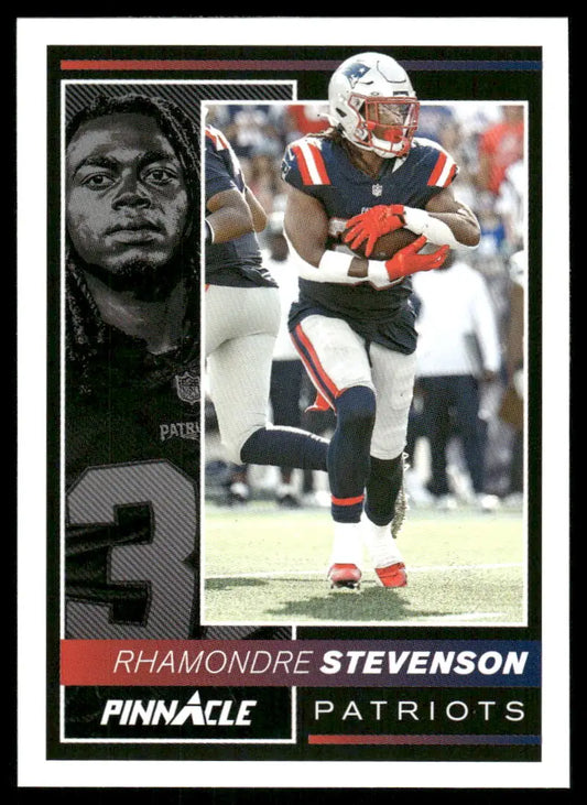 Football trading card of Rhamondre Stevenson from Panini Pinnacle Encore series
