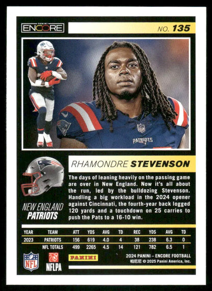 Football trading card of Rhamondre Stevenson from Panini Pinnacle Encore series
