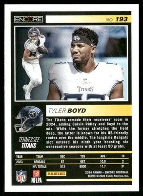 2024 Panini Pinnacle Encore Tyler Boyd football trading card with stats and helmet