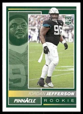 Football trading card featuring Pinnacle Rookie Jordan Jefferson in uniform for 2025 Panini Pinnacle Rookie