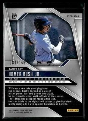 Panini Prizm Homer Bush Jr. Purple Prizm baseball trading card with 2024 stats