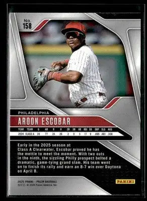 Baseball trading card of Aroon Escobar in pitching stance from Panini Prizm Philadelphia Phillies