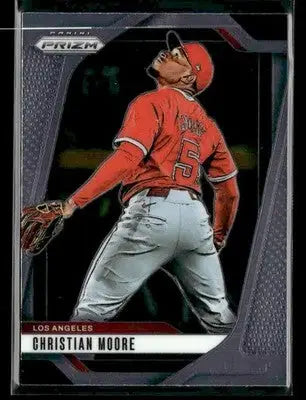 Baseball trading card featuring Christian Moore in a red Los Angeles Angels uniform from Panini Prizm 2025