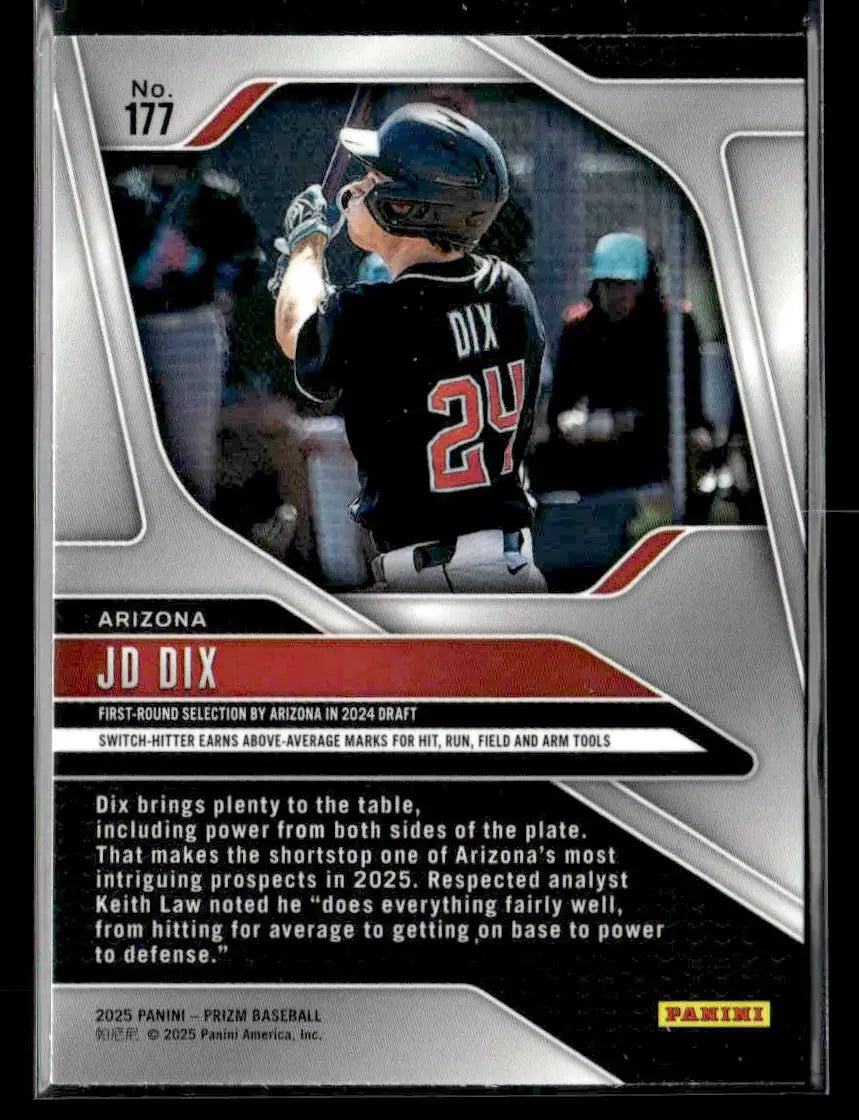 Back of a Panini Prizm baseball card featuring JD Dix of the Arizona Diamondbacks