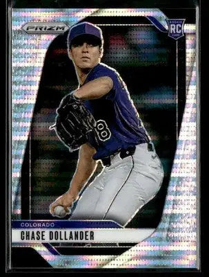 Baseball trading card of Chase Dollander pitching from Panini Prizm Colorado Rockies
