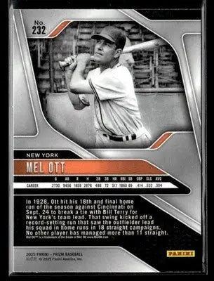 Baseball trading card of Mel Ott from the New York Giants in 2025 Panini Prizm series