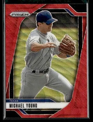 Baseball trading card of Michael Young from Panini Prizm Ruby Wave Prizm series